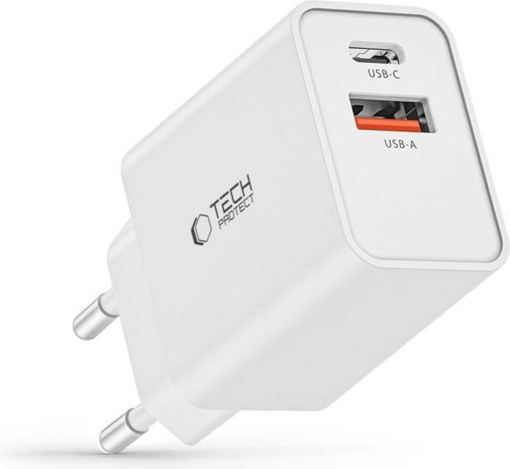 Produktbild Tech-Protect NC30W USB-C PD 30W / USB-A QC 3.0 network charger - white (30 W, 2 Ports)
