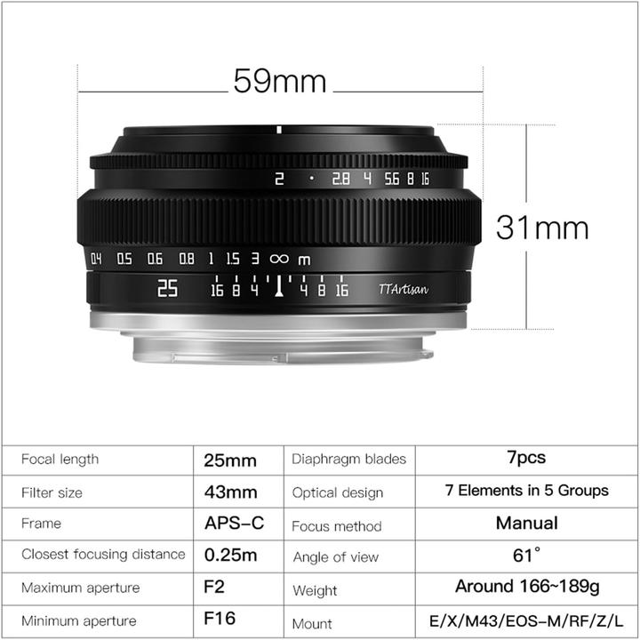 Image du produit TTArtisan 25mm f/2 pour Nikon Z (Nikon Z, APS-C / DX)