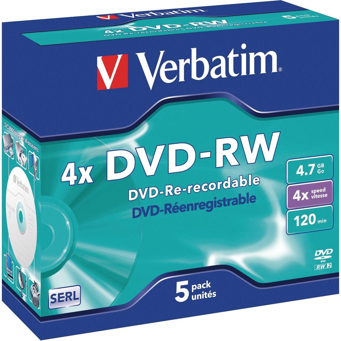 Verbatim DVD-RW, 4x, 4.7GB, 5er Pack (5 x), Optischer Datenträger