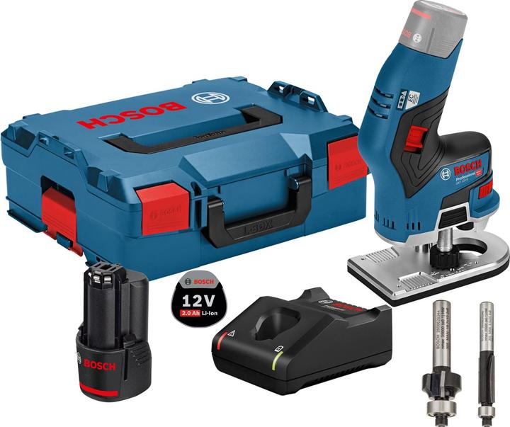 Produktbild Bosch Hausgeräte Akku-Kantenfräse GKF 12V-8 12 V / 1x 2,0 Ah Akku + Ladegerät inkl. 2x Fräser in L (Kantenfräse)