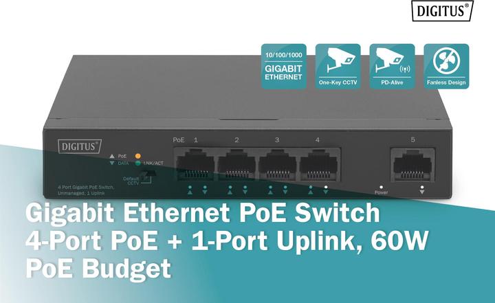 Image du produit Digitus Commutateur Gigabit Ethernet PoE, 4 ports PoE + 1 port uplink, Budget PoE de 60 W (4 Ports)