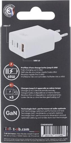 Immagine prodotto T'nB Caricabatterie rapido USB TNB GAN 65 Watt (65 W, 3 porte)