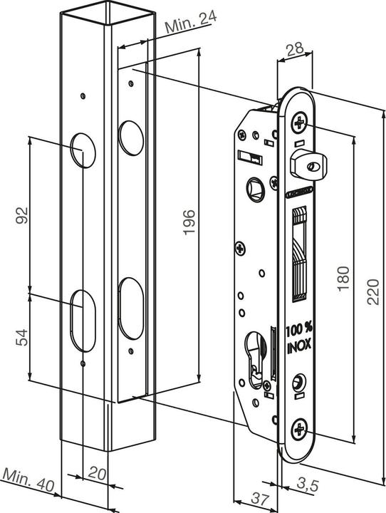 Produktbild Locinox Rohrrahmenschloss Fortylock mit Hakenriegel, PZ 92,DM 20 mm,Stulp rund,Edelstahl