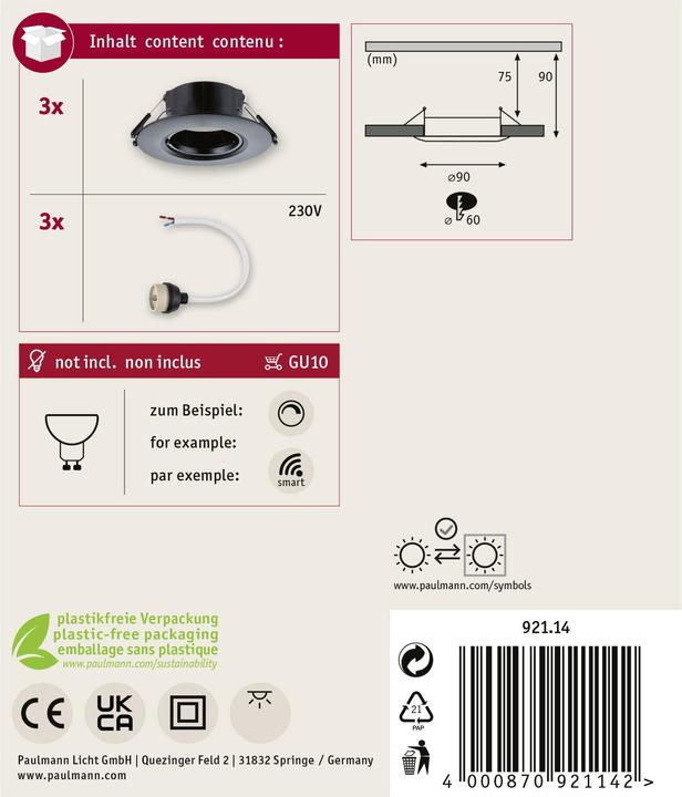 Produktbild Paulmann Einbauleuchte 3er-Pack starr (GU10)