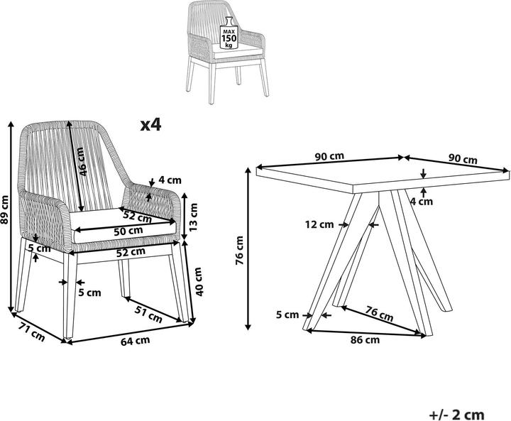 Produktbild Beliani Gartenmöbel Set Faserzement grau 90 x 90 cm 4-Sitzer Stühle schwarz / grau OLBIA (90 cm)