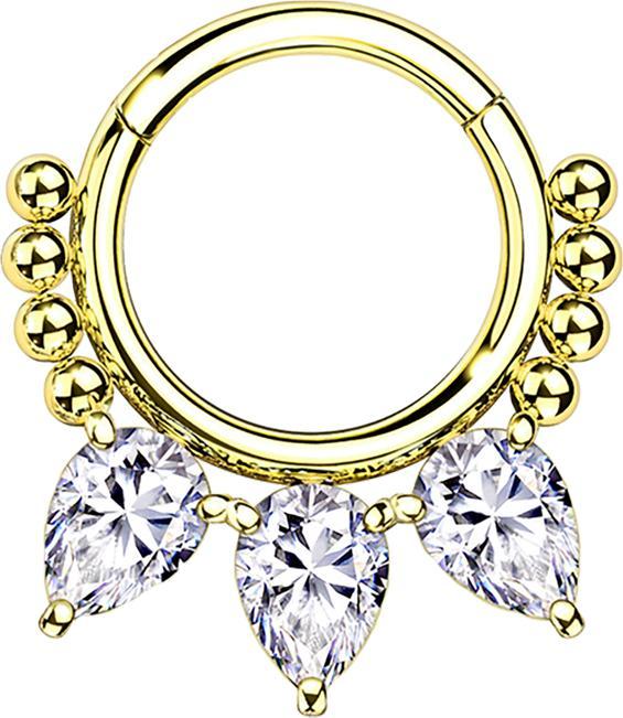 Immagine prodotto Star Piercing Anello a micro segmenti incernierato con perline placcate oro e tre cristalli a goccia (senza ottone, Acciaio chirurgico 316L)