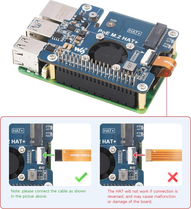 Actual product image WaveShare PCIe to M.2 SSD HAT+ with PoE for Raspberry Pi 5