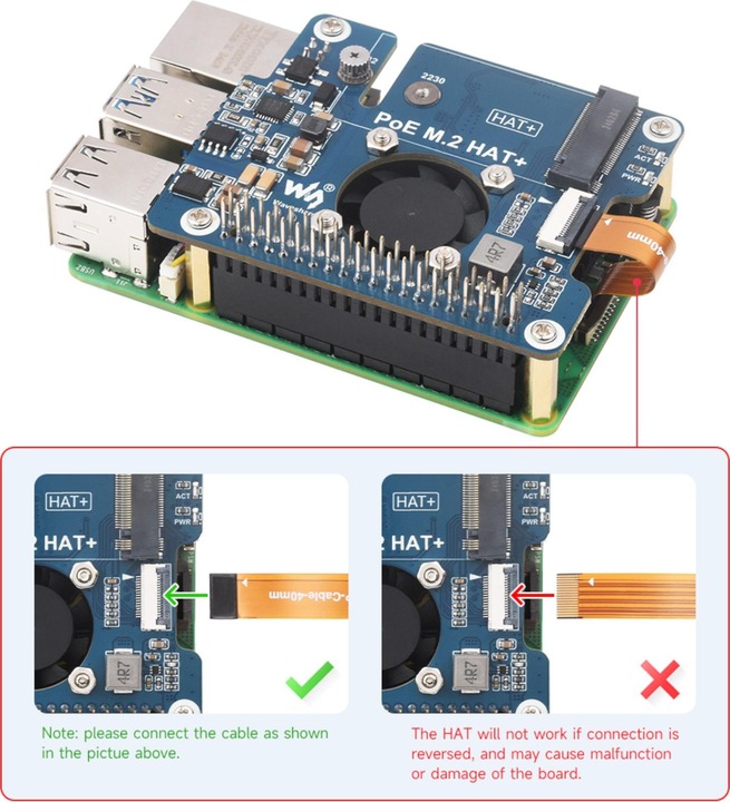 Immagine prodotto WaveShare HAT+ SSD da PCIe a M.2 con PoE per Raspberry Pi 5