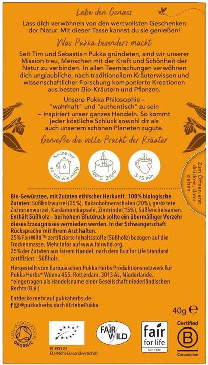 Nährwerte und Zutaten Pukka Cacao Chai (40 g)