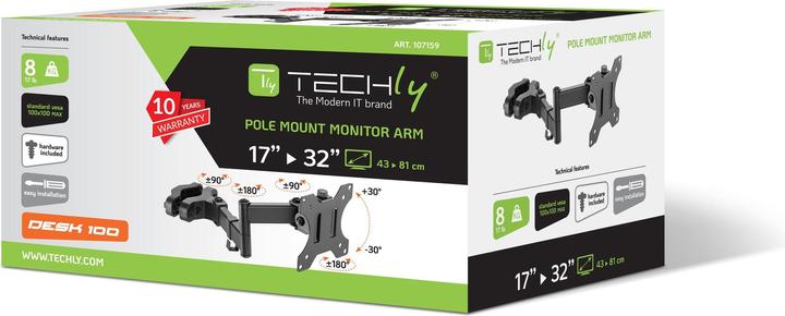 Actual product image Techly Pole mount for TV LED LCD 17"-32",Black (Wall, 32", 8 kg)