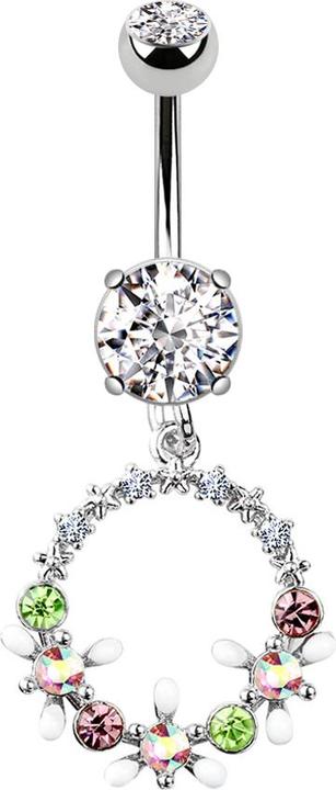 Produktbild Star Piercing Banane silber mit Anhänger Kreis mit Kristallen und Blumen (Messing, Chirurgenstahl 316L)
