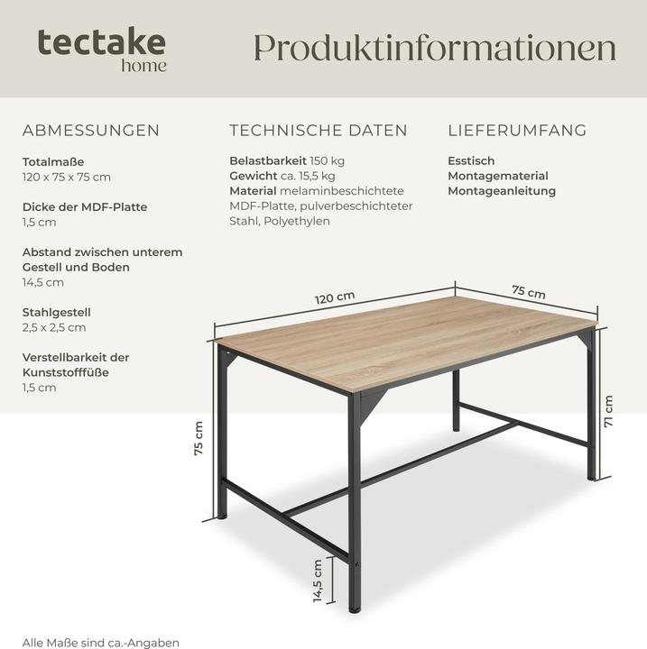 Image du produit tectake Table de salle à manger Belfast (120 x 120 x 75 cm)