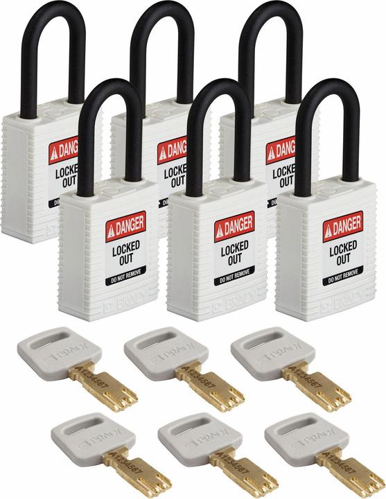 Actual product image Brady Safekey nylon security lock with nylon shackle, white, shackle height 38 mm, shackle diameter 6.4 mm