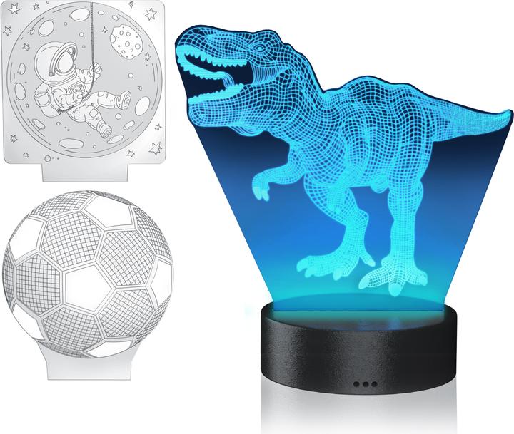 Produktbild Mybeo Nachtlicht LED 3D Effekt Tischlampe Kinder, Jungs & Mädchen, dimmbar,3 Motive (Dino, Fussball, Mond)
