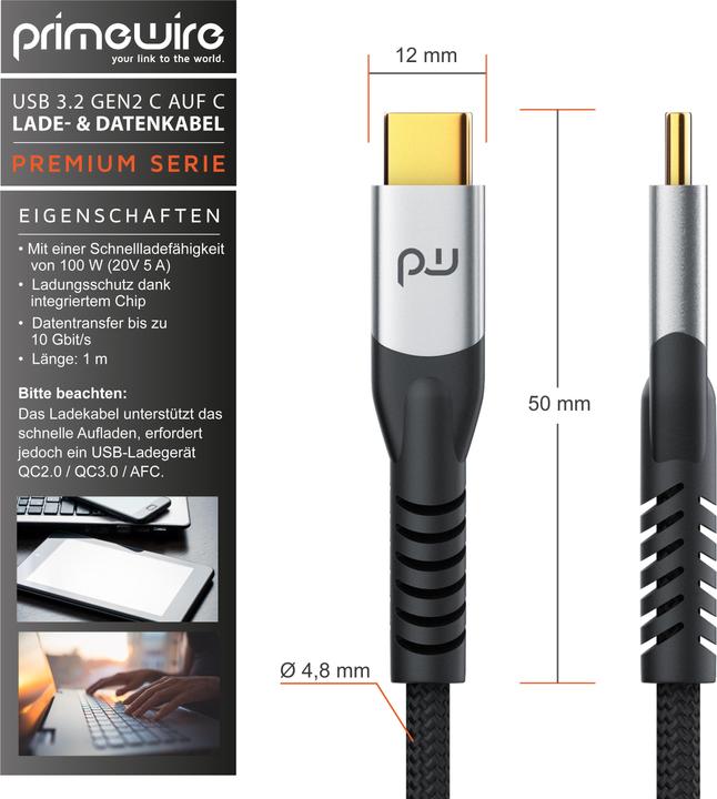 Image du produit Primewire USB C – USB C (1 m, USB 3.2 Gen 2, 100 W)