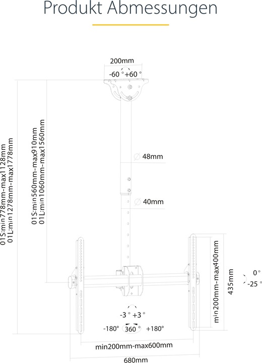 Immagine prodotto StarTech TV A Schermo Piatto Con Supporto A Soffitto (Soffitto, 75", 50 kg)