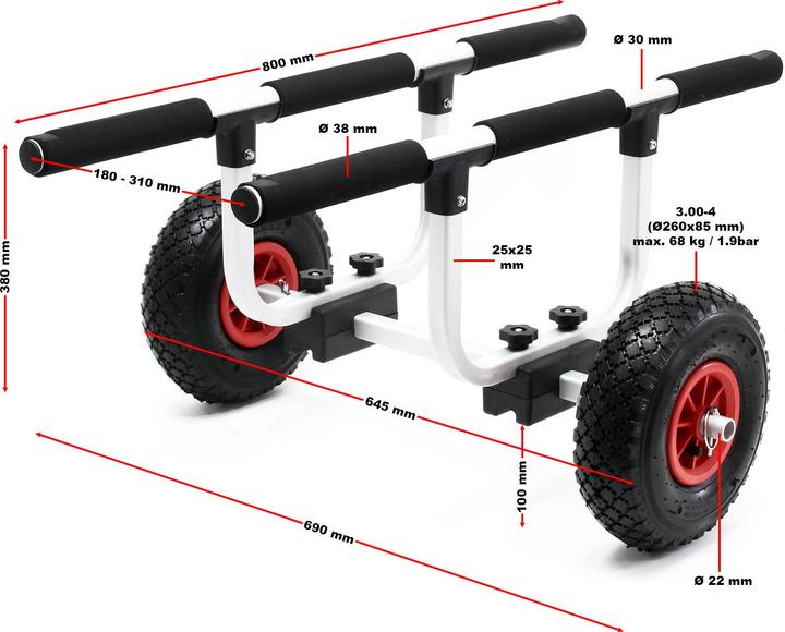 Produktbild Wiltec Alu Transportwagen 90kg luftbereift Ø26cm Kajakwagen Kanu Kanuwagen Kajak