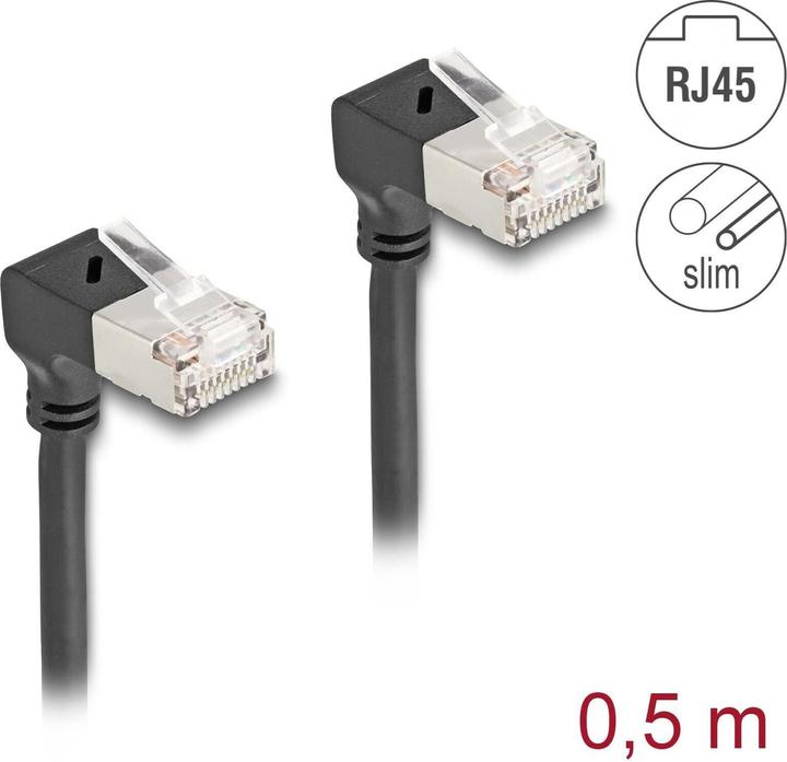 Actual product image Delock RJ45 network cable Cat.6A S/FTP Slim 90° bottom / bottom (S/FTP, CAT6a, 0.50 m)