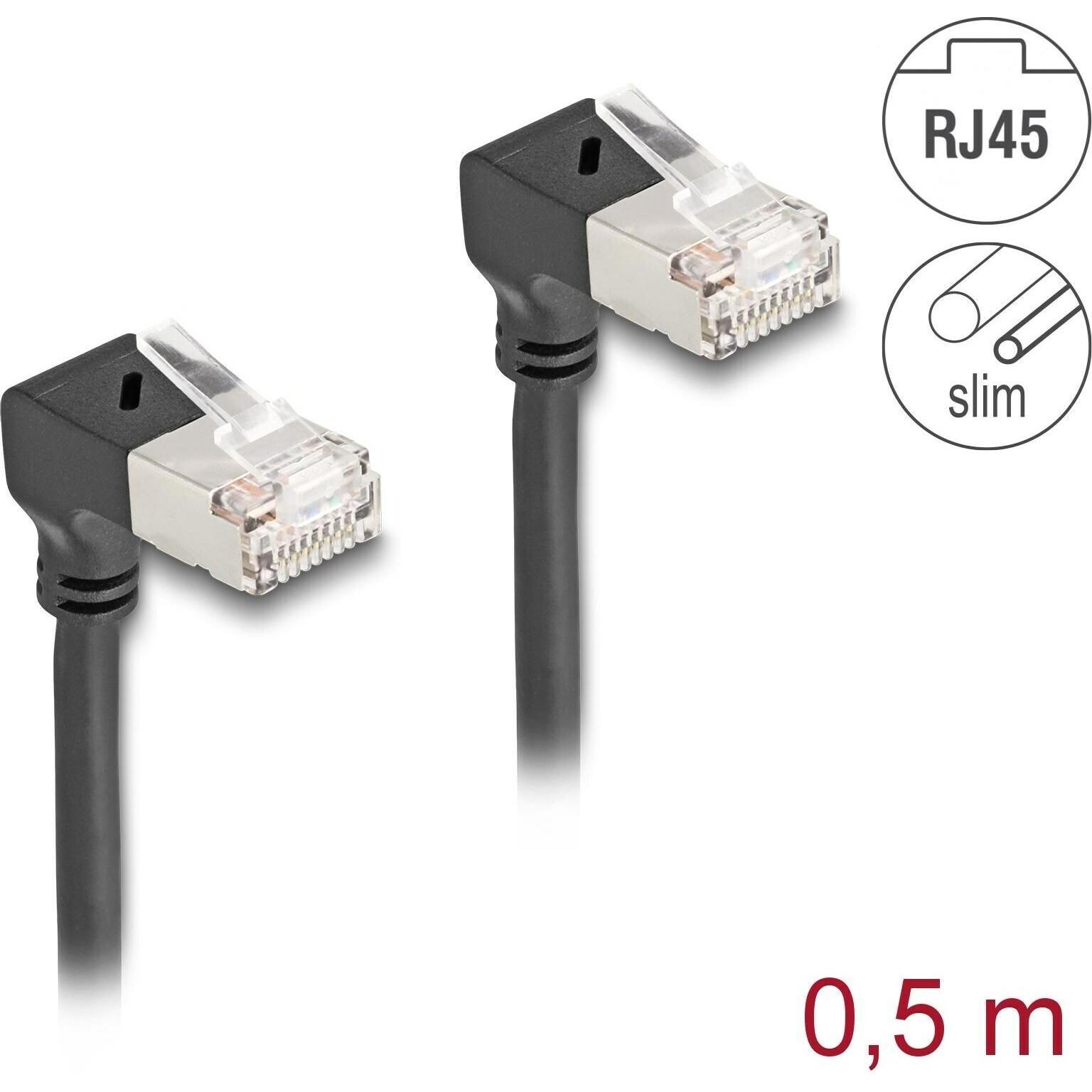 Thumbnail - Delock RJ45 Netzwerkkabel Cat.6A S/FTP Slim 90° unten / unte (S/FTP, CAT6a, 0.50 m), Netzwerkkabel