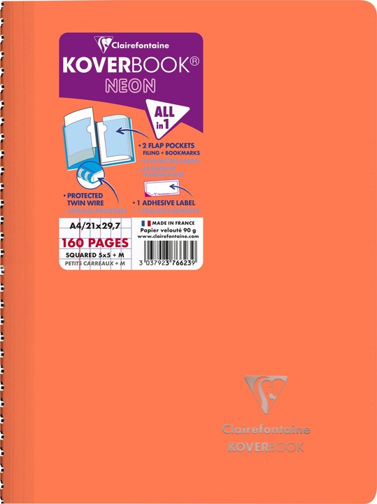 Image du produit Clairefontaine Cahier reliure intégrale enveloppante Koverbook Neon A4 160 pages petits carreaux + marge couverture (A4, Quadrillé, Non contraignant)