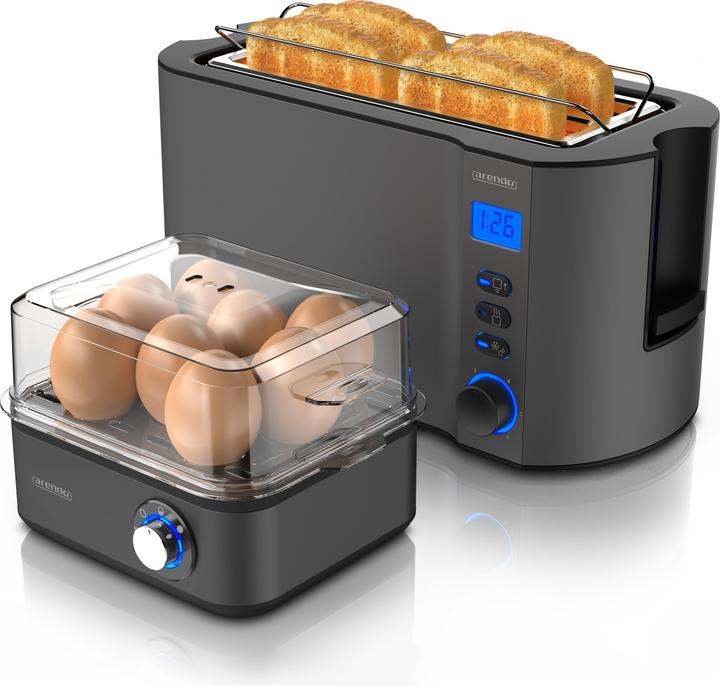 Produktbild Arendo Frühstücks Set, 4-Scheiben Langschlitz Toaster mit Brötchenaufsatz & Eierkocher für 8 Eier, Grau
