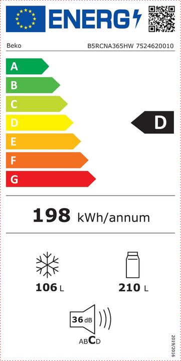 Energie-Label Beko B5RCNA365HW - NoFrost - Koel-vriescombinatie (316 l)
