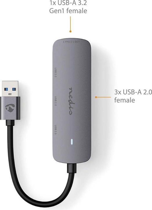 Productafbeelding Nedis USB-hub USB-A stekker - 4x USB A, 4 poort(en), USB 2.0 / USB 3.2 Gen 1, voeding via (USB-A, 4 ports)