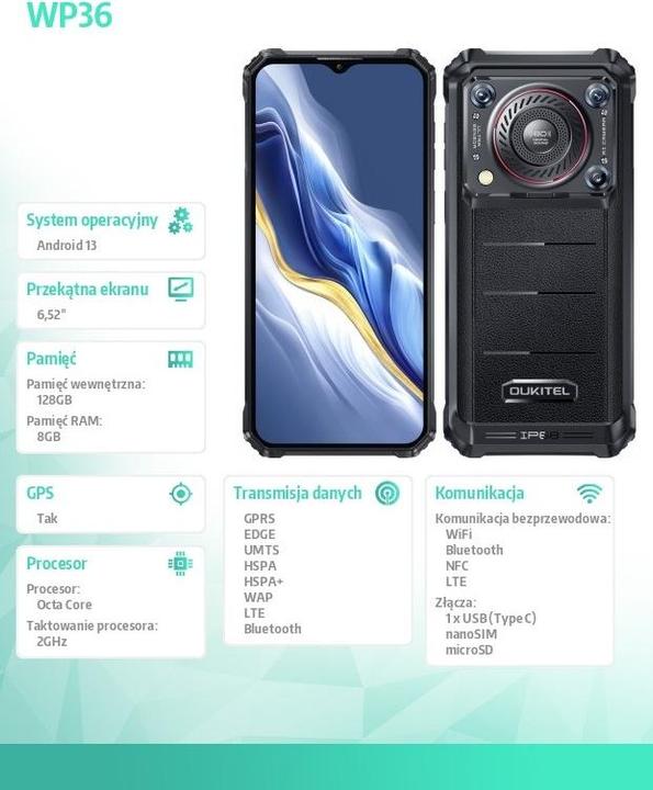 Image du produit Oukitel WP36 8/128 10600 mAh - Smartphone schwarz (128 Go, Noir, 6.54", Double SIM hybride, 4G)