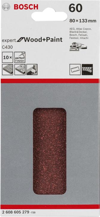 Produktbild Bosch Professional Zubehör Schleifblatt C430, 80 x 133 mm, 60, 8 Löcher, Klett, 10er-Pack (60)