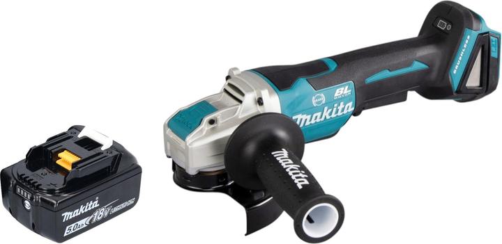 1x smerigliatrice angolare a batteria Makita DGA 520, 1x impugnatura laterale 36 cpl. (158237-4), 1x coperchio di protezione 125 mm (347618-9), 1x batteria ricaricabile Makita BL 1850 B 18 V 5.0 Ah