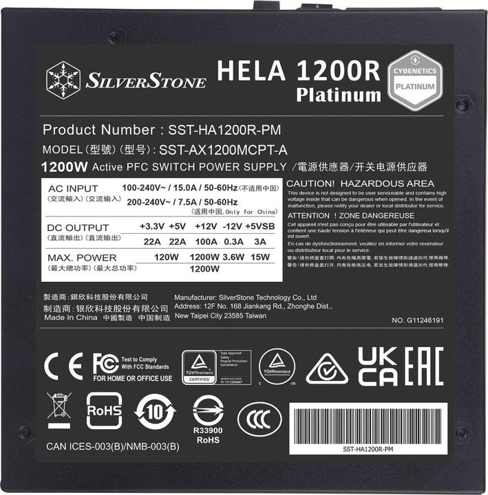 Produktbild Silverstone HELA 1200R Platinum - Cybenetics Platinum, Modular, ATX 3.0 - 1200 Watt (1200 W)