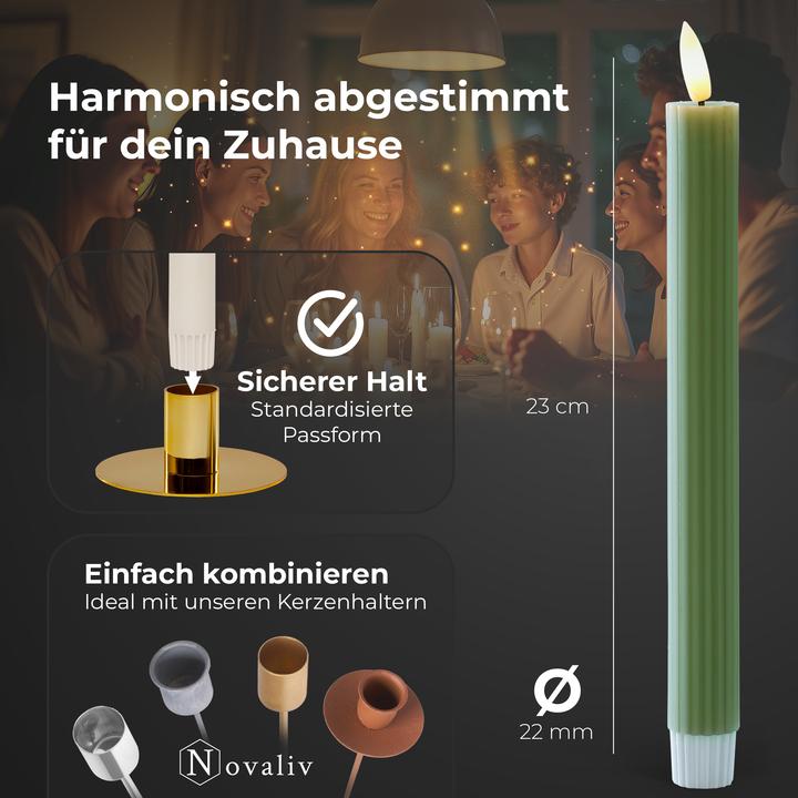 Actual product image Novaliv Stabkerzen LED mit Timer Grün 4 Stück Grün indoor - 6 Stunden - ECHTWACHS gerippt 23cm Höhe für (4 x)