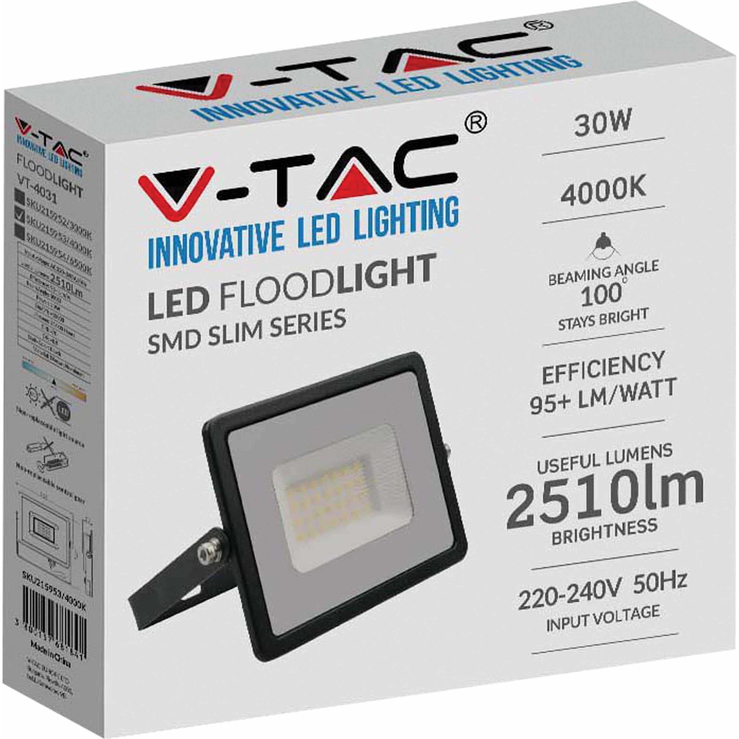 Thumbnail - V-TAC, Fassadenbeleuchtung, VT4031B 30W LEDFlutlicht SMD ESerie G2 Schwarzer Körper 4000K (2510 lm, IP65)