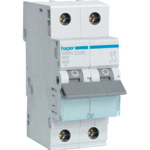 Hager, Schutzschalter, Leistungsschalter 2P B 32A 6kA AC (MBN232E)