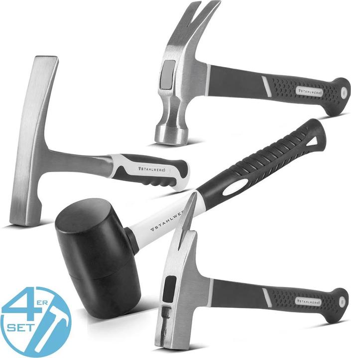 Produktbild Stahlwerk Hammer 4er Set Klauenhammer, Maurerhammer, Latthammer und Gummihammer (750 g)