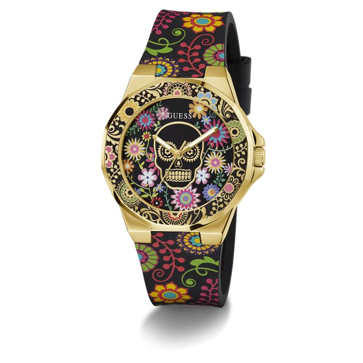 Actual product image Guess P GLD CS W/ FLORAL TR / SUN BLK DIGITAL PRINT DL / BLK FLORAL SILICONE STRP Wristwatch (38 mm)
