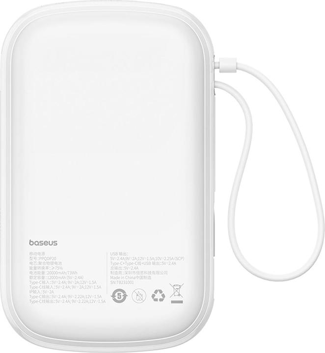 Produktbild Baseus Qpow Pro+ 20000 mAh 22,5 W Powerbank mit integriertem USB-C-Kabel und Display – Weiss (20000 mAh, 22.50 W, 74 Wh)