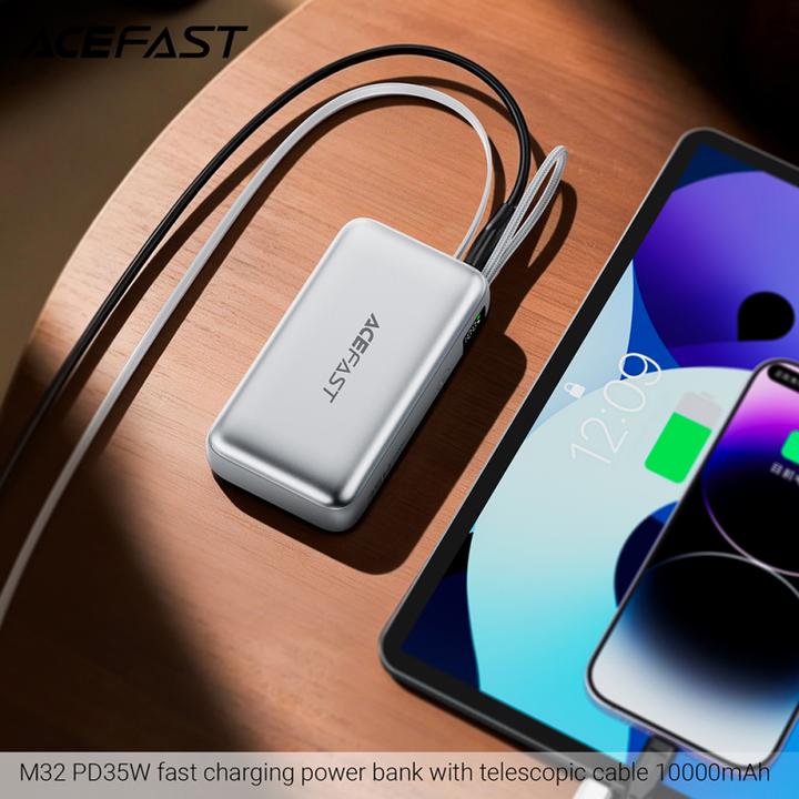 Actual product image Acefast - Power Bank (M32) - with Telescopic Cable, Type-C, Fast Charge, PD35W, 10000mAh - Silver (10000 mAh, 35 W)