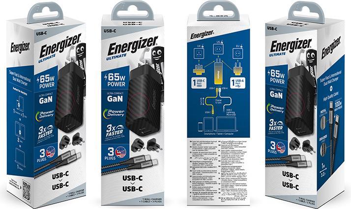 Produktbild Energizer Power-Delivery Ladegerät – 65 W – EU/UK/US inkl. USB-C zu USB-C Kabel (65 W)