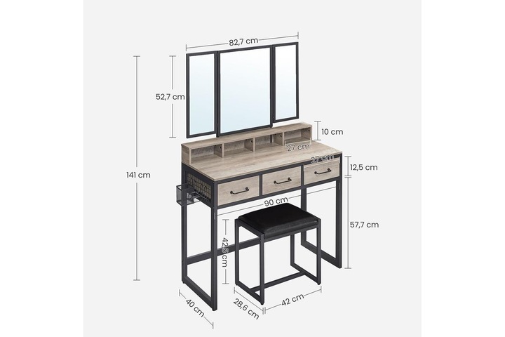 Image du produit Vasagle Schminktisch mit Hocker und Spiegel Greige/Schwarz, Tiefe (90 x 40 x 141 cm)