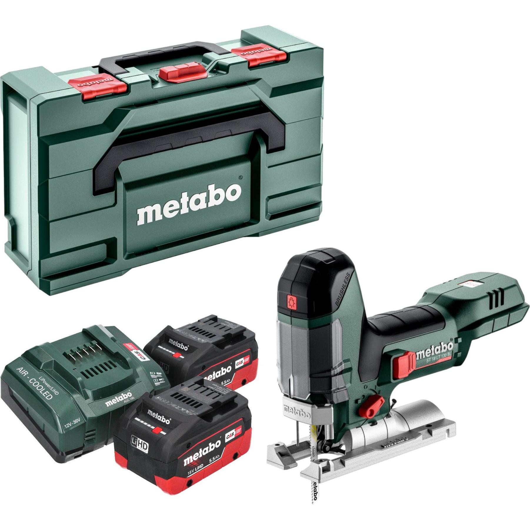 Metabo, Stichsäge, ST 18 LT 130 BL Akku Stichsäge 18 V 130 mm Brushless + 2x LiHD Akku 5,5 Ah + Ladegerät +