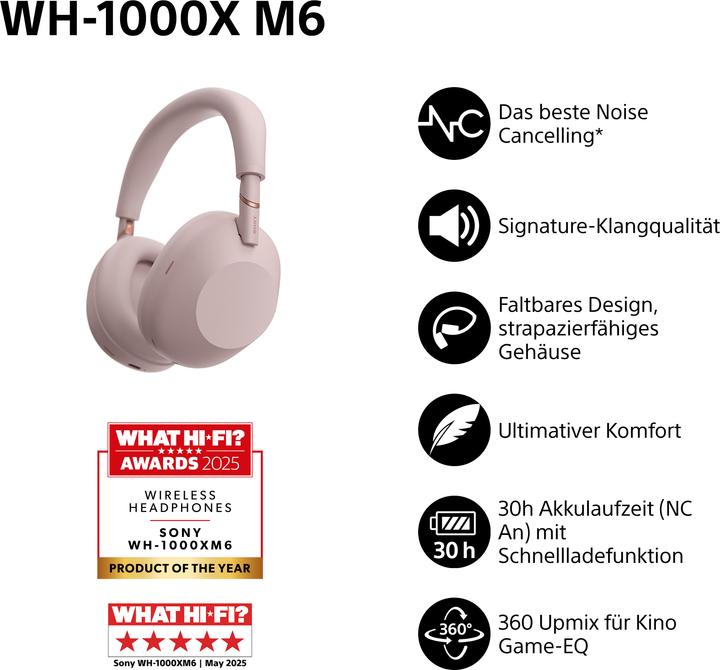 Produktbild Sony WH-1000XM6 (Aktive Geräuschunterdrückung, 30 h, Kabelgebunden, Kabellos)