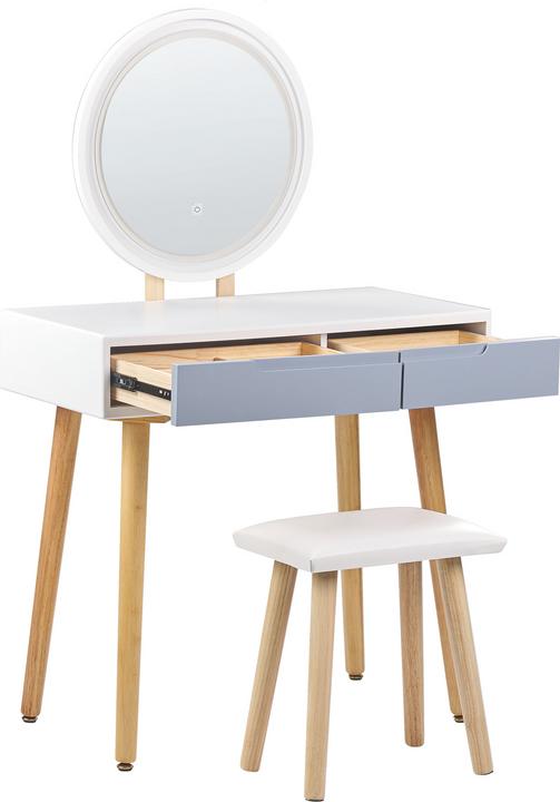 Beliani Schminktisch mit 2 Schubladen, LED-Spiegel und Hocker weiss/grau JOSSELIN (80 x 40 x 130 cm)