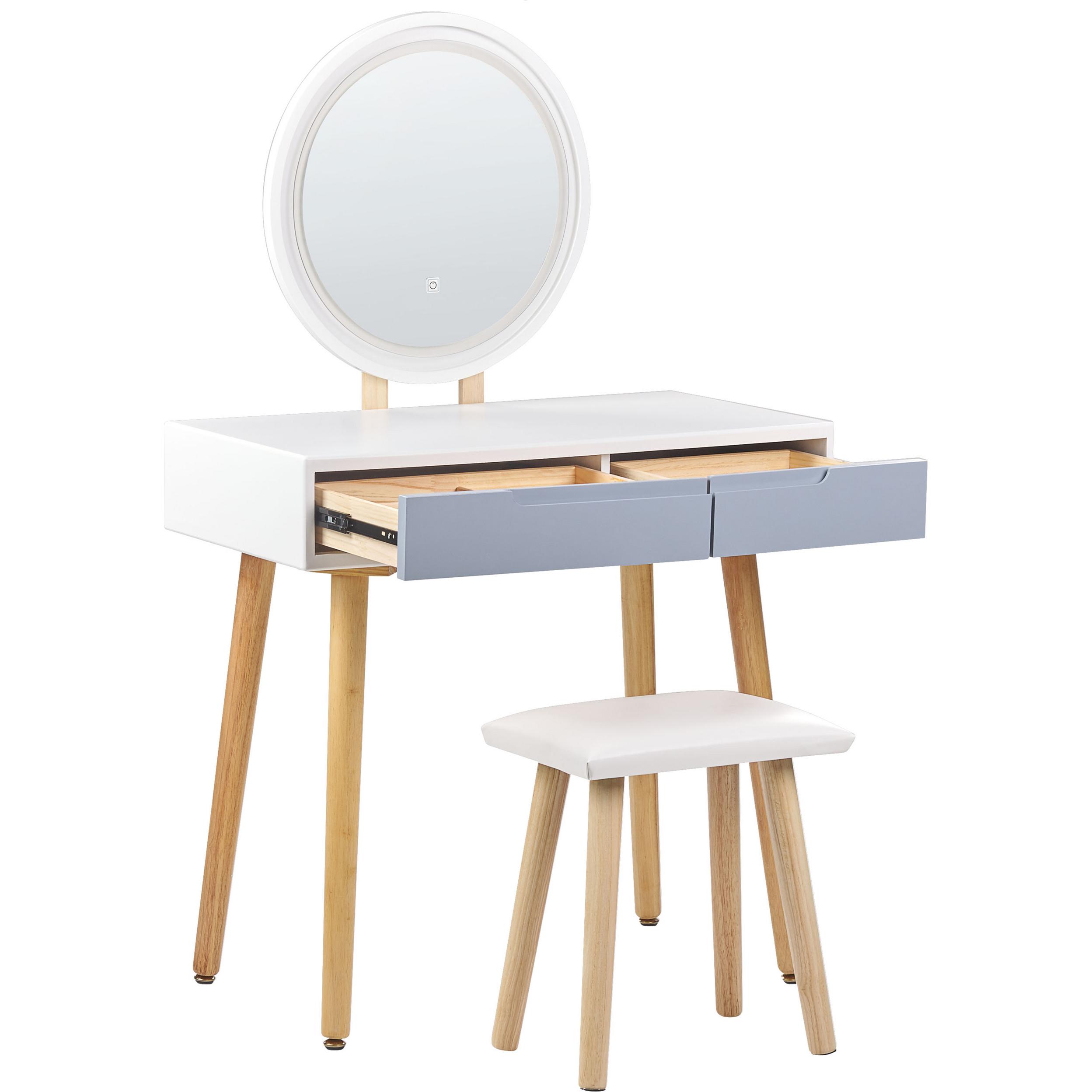 Beliani, Schminktisch, Schminktisch mit 2 Schubladen, LED-Spiegel und Hocker weiss/grau JOSSELIN (80 x 40 x 130 cm)