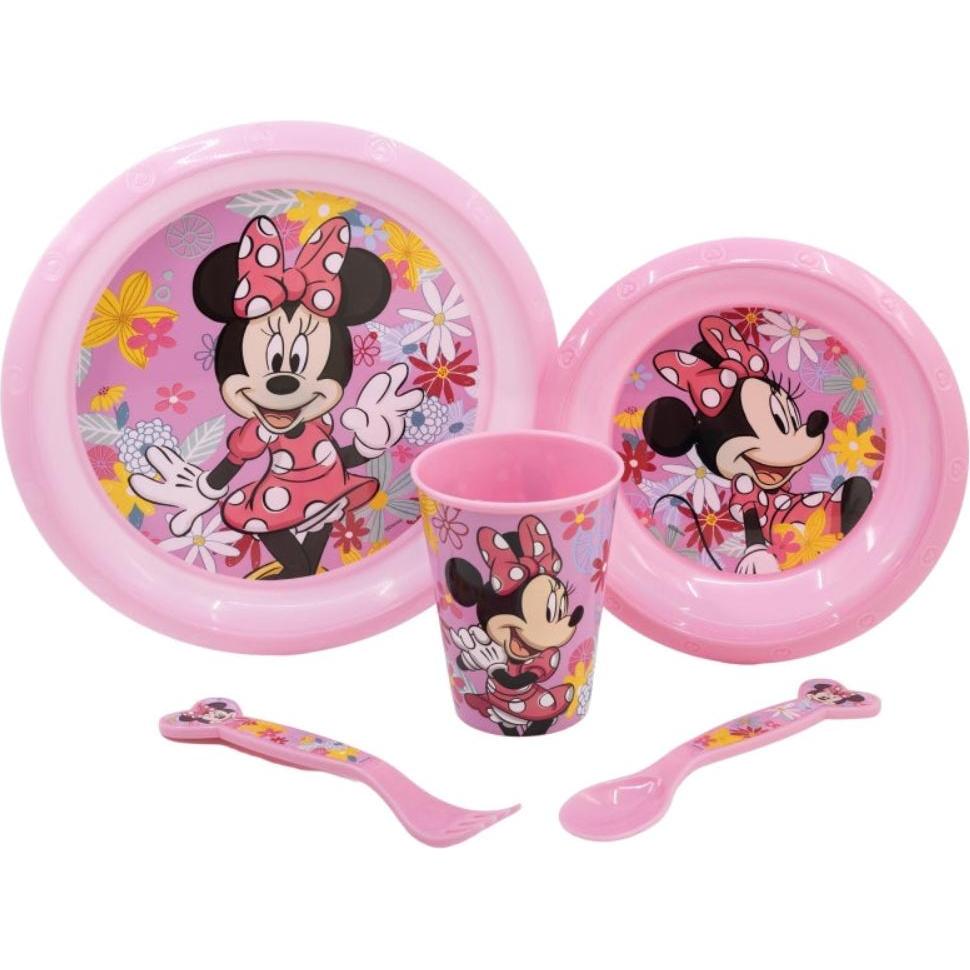Tinisu, Kindergeschirr + Kinderbesteck, Minnie Maus Plastik Geschirr Set 5-Teile Kunststoffset für Kinder