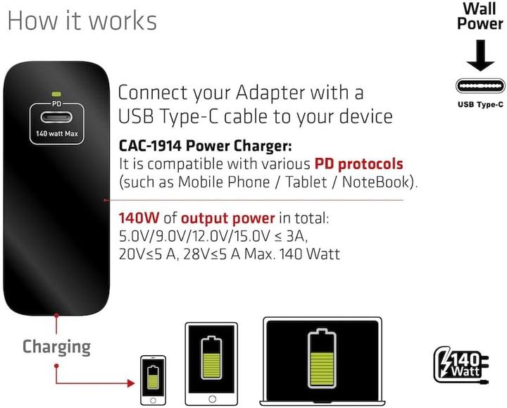 Productafbeelding Club 3D Club3D Lader 1xUSB Type C, PD 140W detailhandel (140 W, 1 portie)