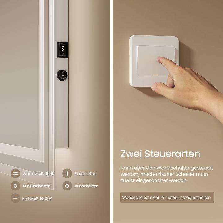 Produktbild Emke Badezimmerspiegel mit Beleuchtung 50*60cm,Beschlagfrei, 3000K/6500K,Tast Schalter (60 x 50 cm)