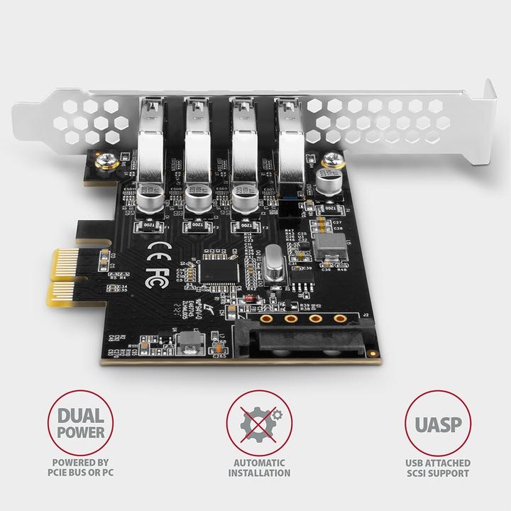 Image du produit Axagon PCEU-43RS Adaptateur PCIe 4x USB3.0 UASP VIA, alimentation SATA 15 broches