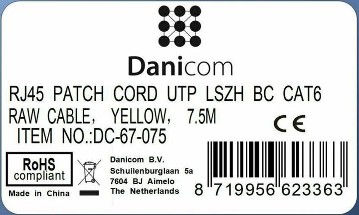 Produktbild Dsit CAT6 Netzwerkkabel, U/UTP, 7,5 Meter, Gelb, 100% Kupfer (CAT6, 7.50 m)