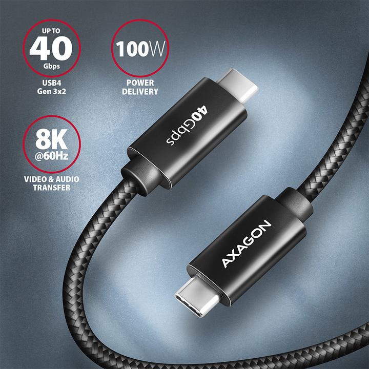 Actual product image Axagon BUCM432-CM10AB USB-C to USB-C cable, USB4 Gen 3×2, 1m, PD 100W, 8K HD, ALU, braided - black (1 m, USB 4.0, 100 W)